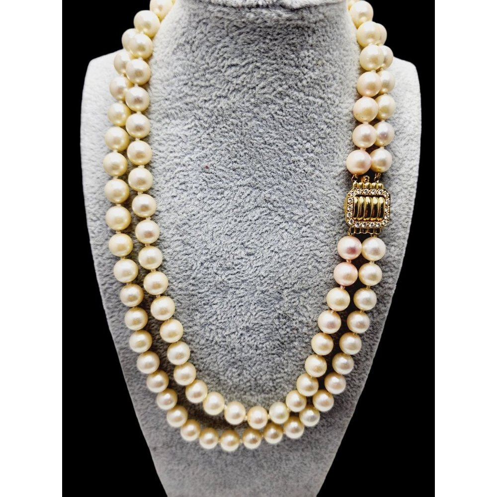 Vintage Signed Honora 14kt Gold & Diamond Double Strand Natural Pearl Necklace (